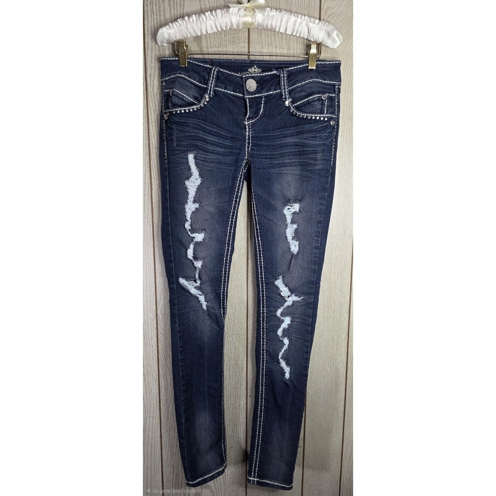 Almost Famous Jeans Sz5 Womens Low Rise Skinny Distressed Thick Stitch Dark Y2K